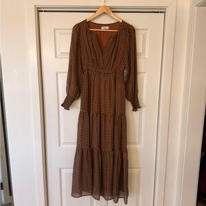 Elegant Long Sleeve Brown Patterned Dress